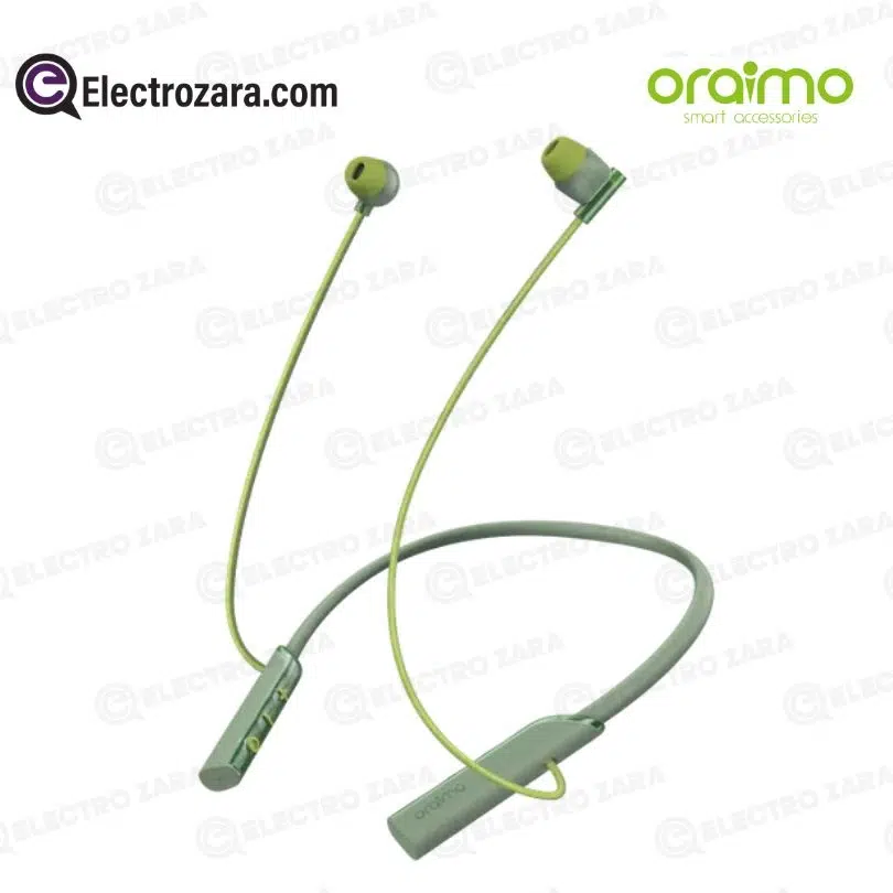 سماعات رأس Oraimo OEB-311 اللاسلكية باللون الأخضر مع شريط حول الرقبة وبلوتوث وصوت جهير قوي واهتزاز للمكالمات