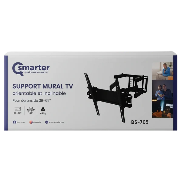 Qsmarter QS-705 Support Mural TV Orientable et Inclinable pour Écrans 39" à 65" — Grande Taille, Grande Flexibilité – Image 4