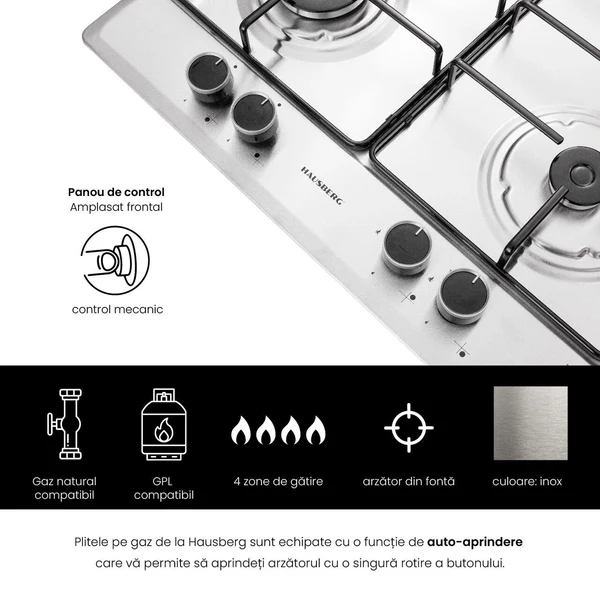 Hausberg HB-555IN – Plaque de Cuisson à Gaz 4 Feux | Sécurité Gaz, Grilles en Fonte, Inox Élégant – Image 5