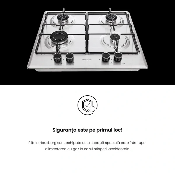 Hausberg HB-555IN – Plaque de Cuisson à Gaz 4 Feux | Sécurité Gaz, Grilles en Fonte, Inox Élégant – Image 4